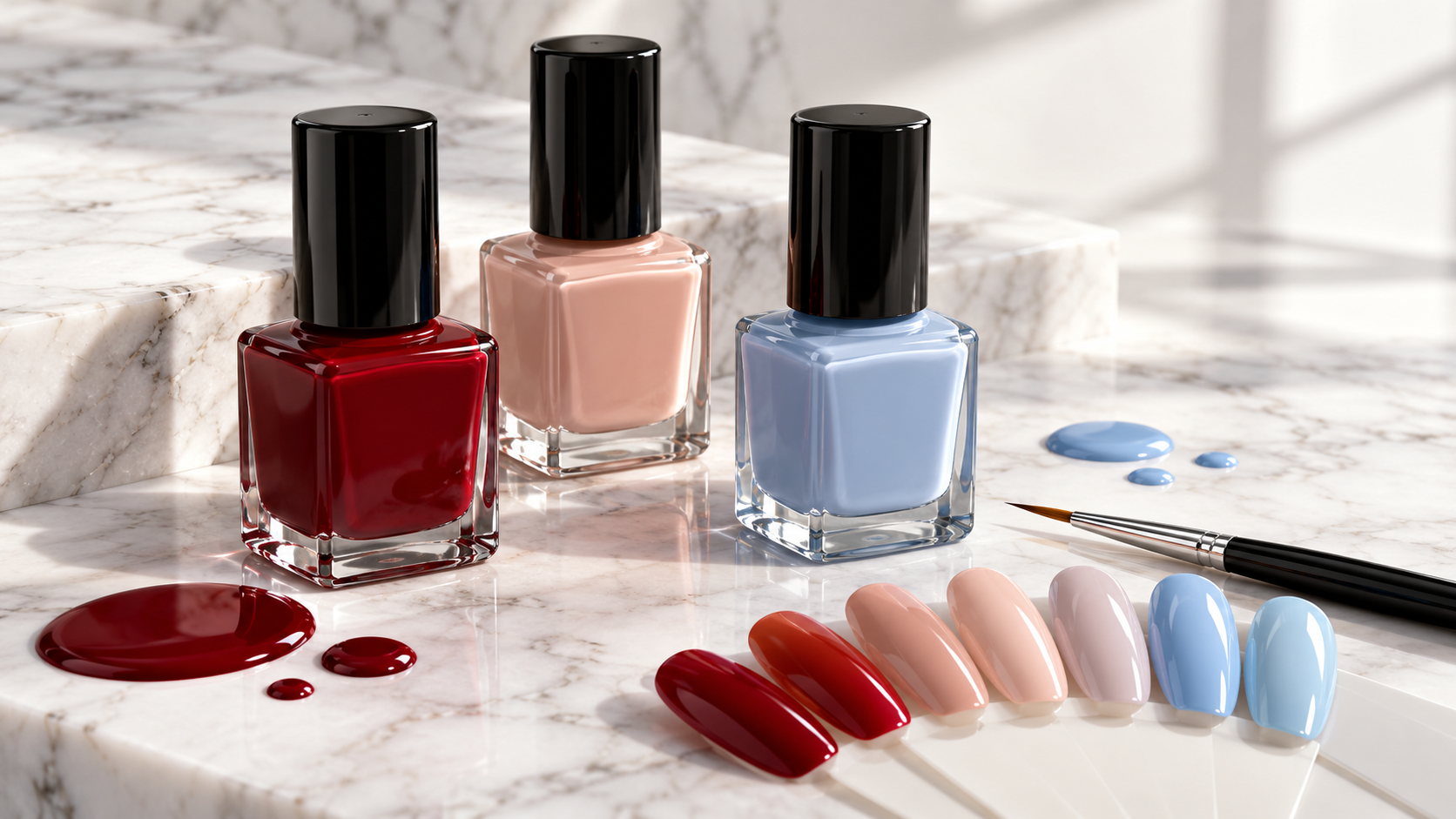 Illustrative macro photo of nail lacquer bottles in deep red, nude and pastel blue on white marble