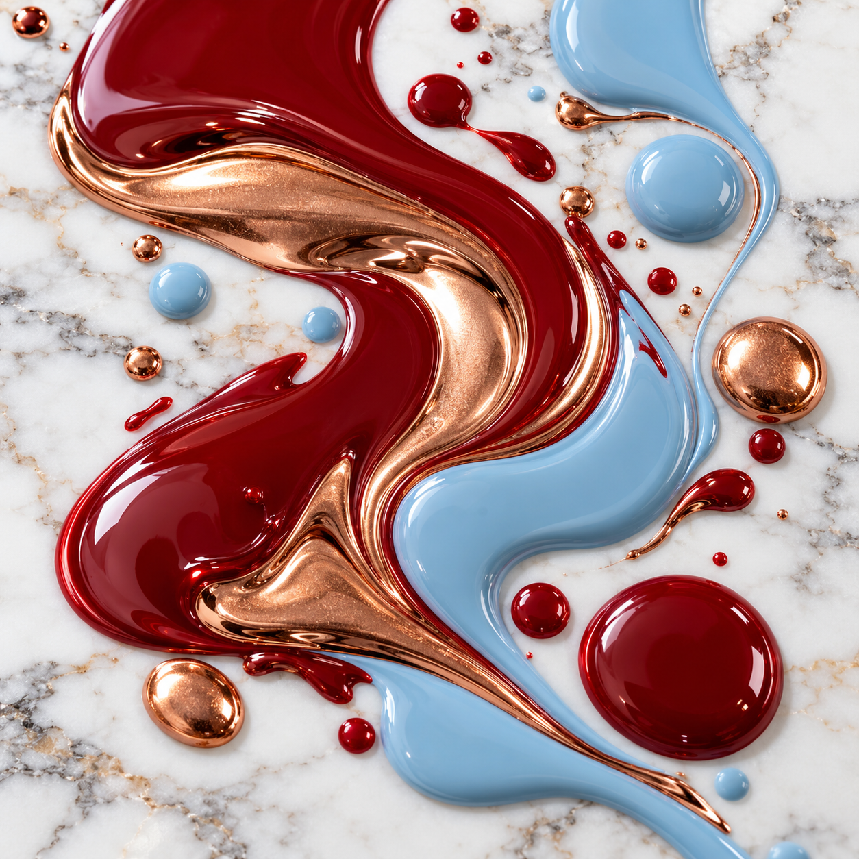 Illustrative overhead macro photo of lacquer swirls in deep red, copper and pastel blue on marble